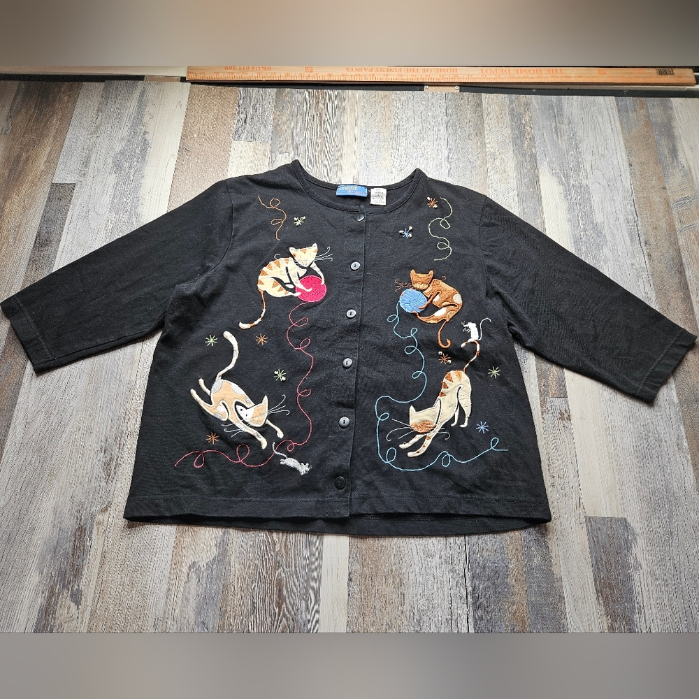 Onque Casuals Cat With Yard Themed Cardigan Shirt Black Large